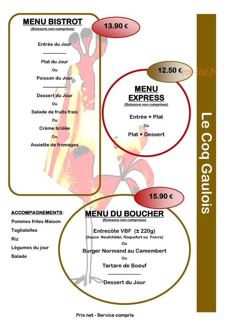 Carte et menu de Le Coq Gaulois à Morvillers Saint Saturnin — menu bistrot, menu express, menu boucher