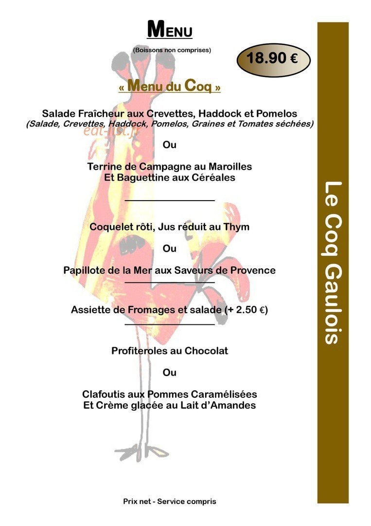 Carte et menu de Le Coq Gaulois à Morvillers Saint Saturnin — menu coq