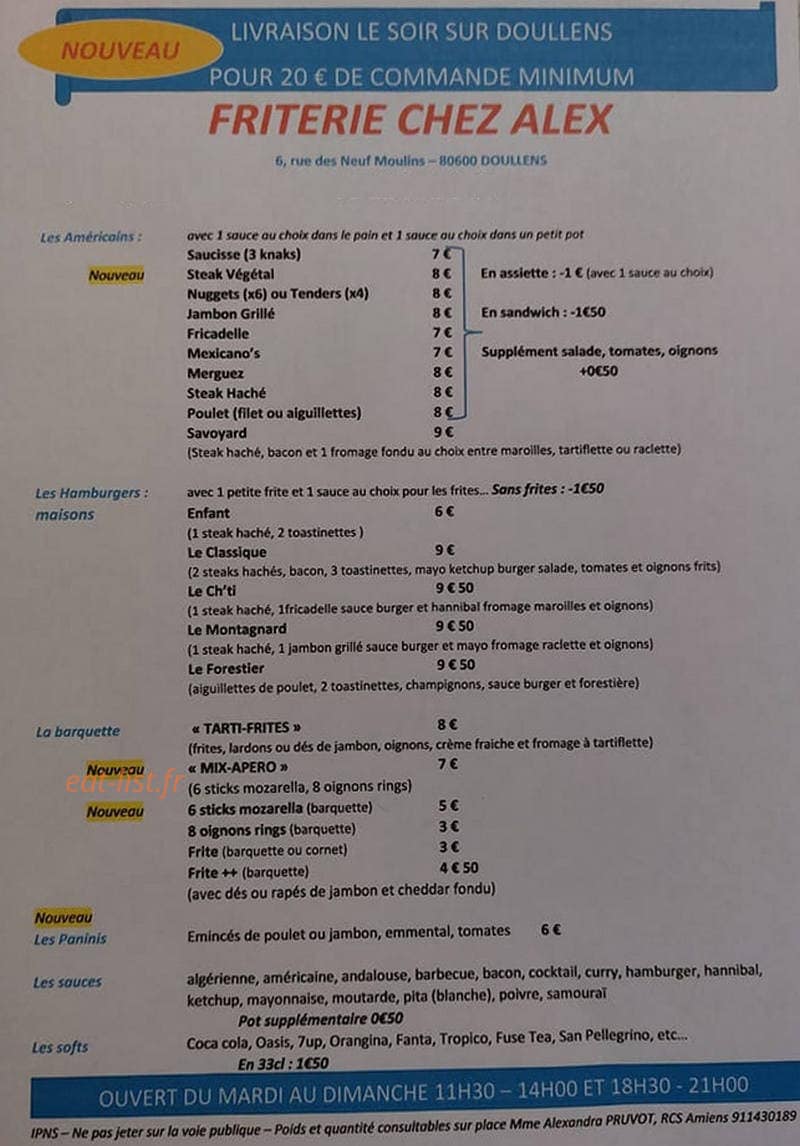 Friterie Chez Alex — carte page 1