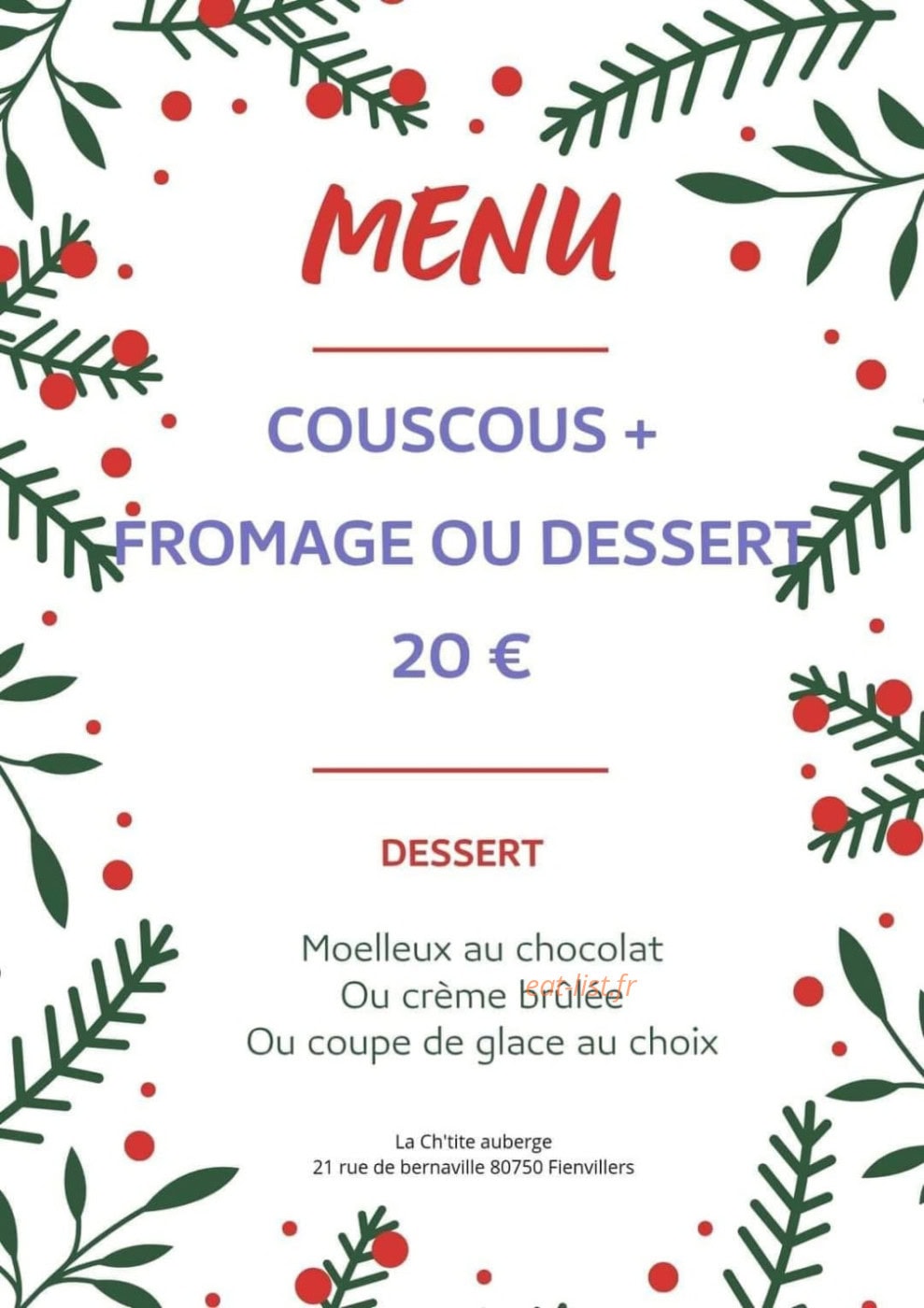 Carte et menu de La Petite Auberge à Fienvillers — Le menu
