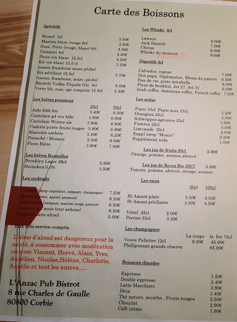 L'Anzac Pub — carte page 1