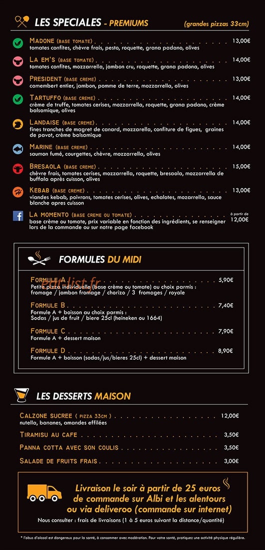 Em's Pizza — carte page 2