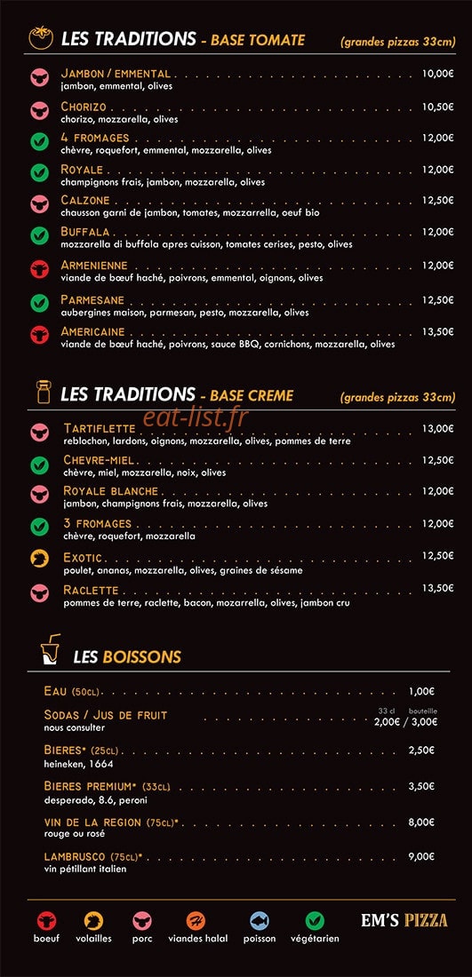 Em's Pizza — carte page 1