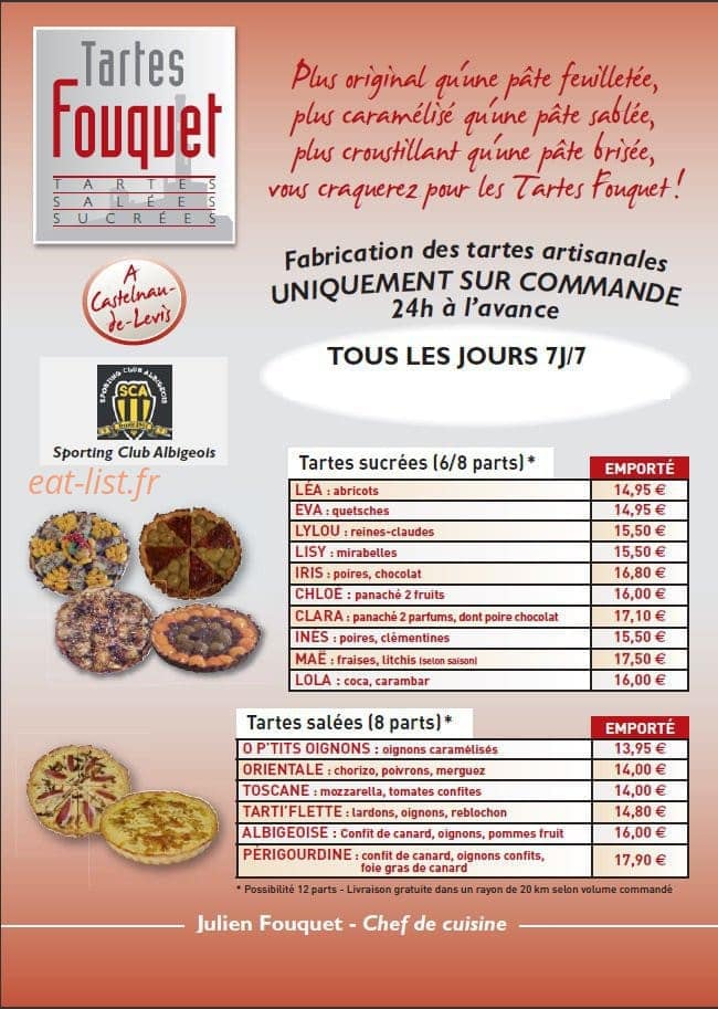 Carte et menu de Tartes Fouquet à Castelnau de Levis — Les tartes sucrées et salées