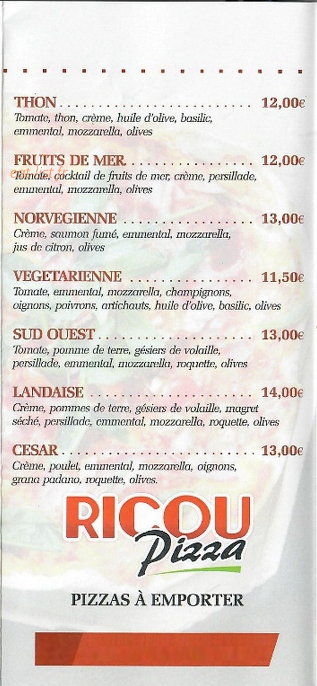 Ricou Pizza — carte page 1