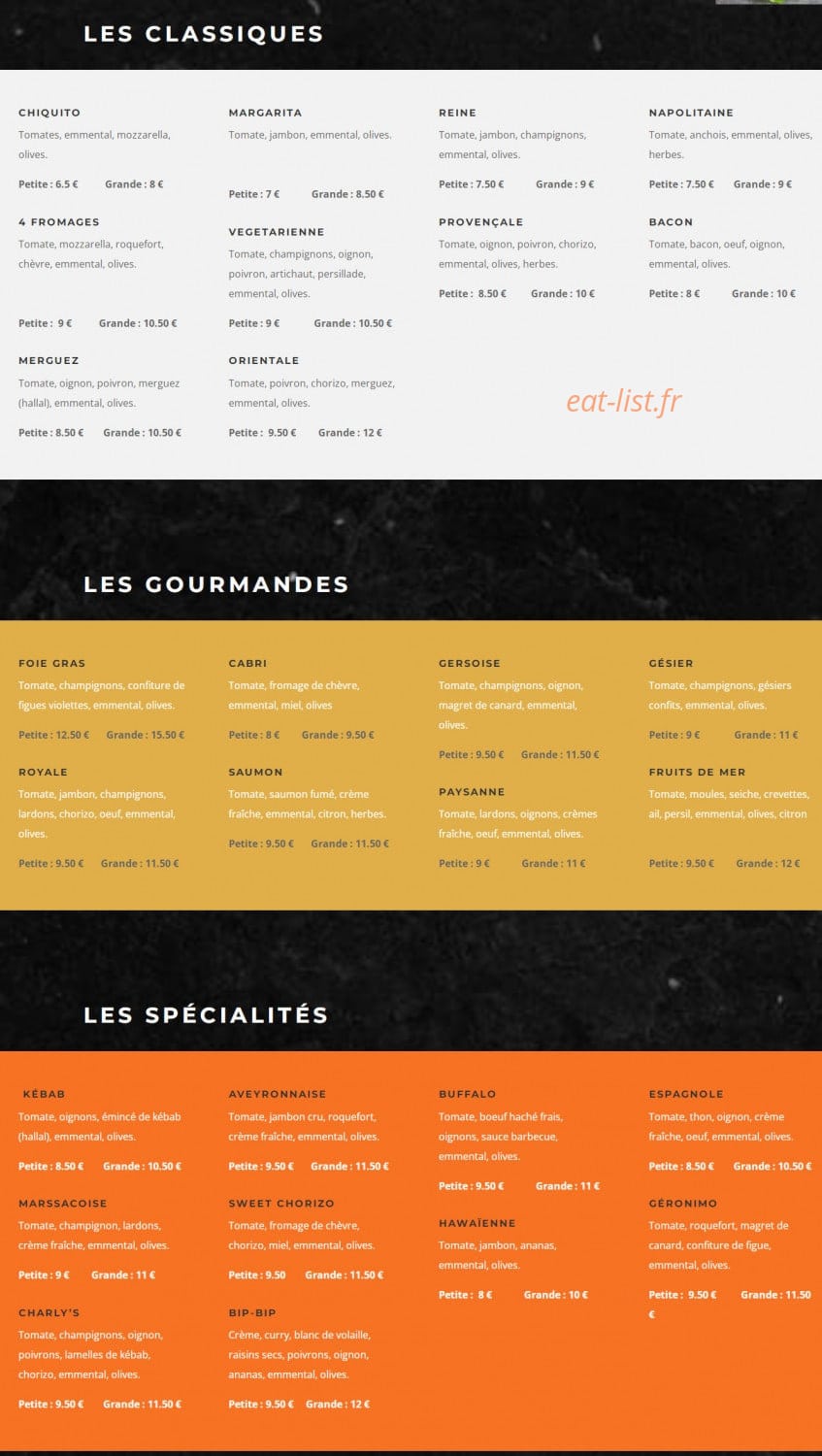 Bip-Bip Pizzas — carte page 1
