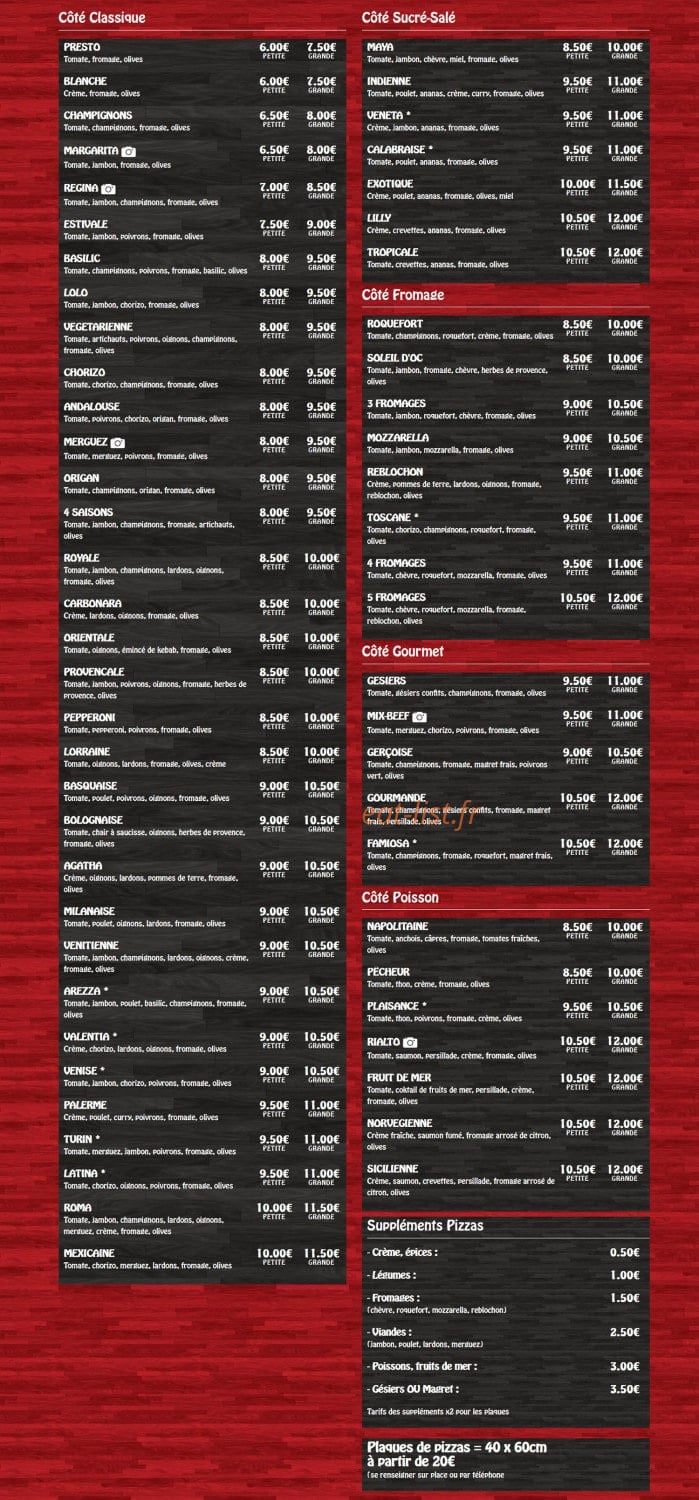 Coté Pizza — carte page 1