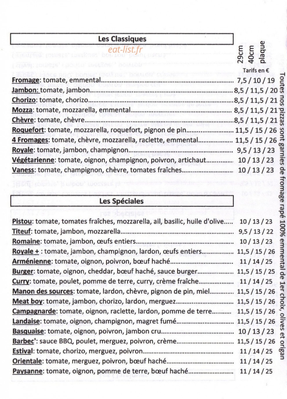 Pizza Vaness — carte page 1