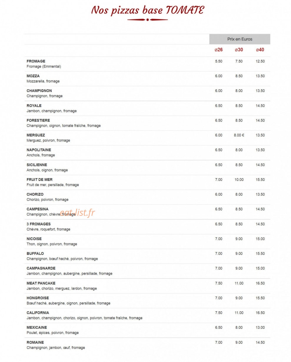 La Boite A Pizza — carte page 1