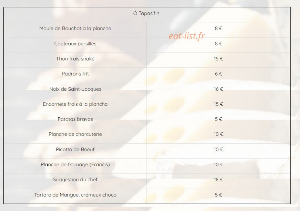 Ô Tapas'Oif — carte page 1