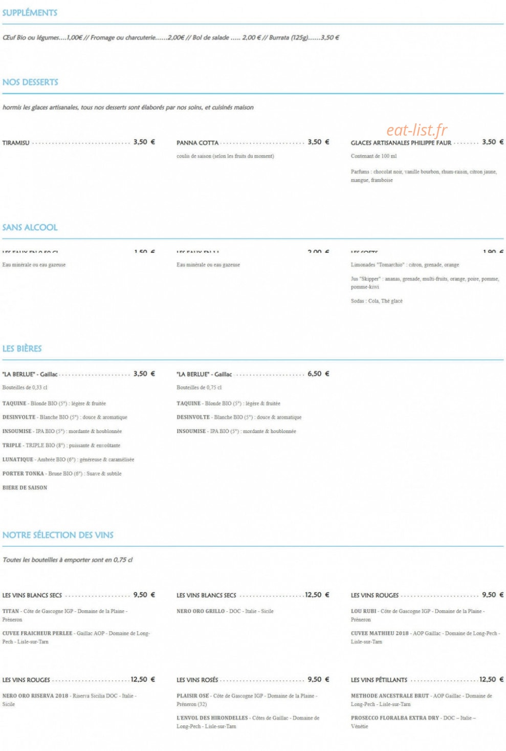 Au 29 Pizzéria — carte page 2