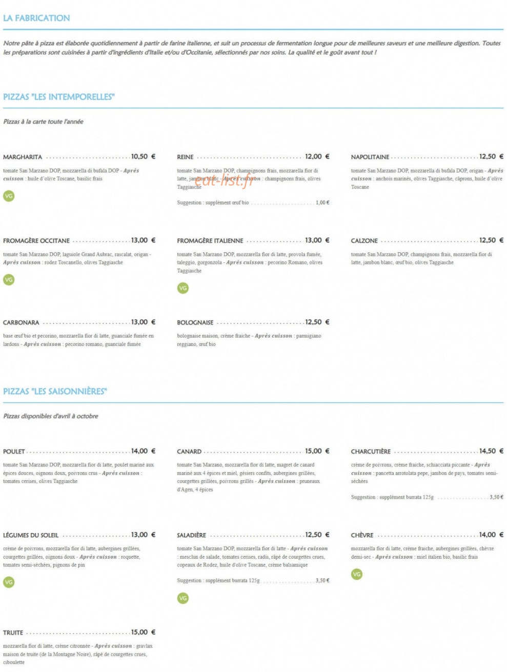 Au 29 Pizzéria — carte page 1