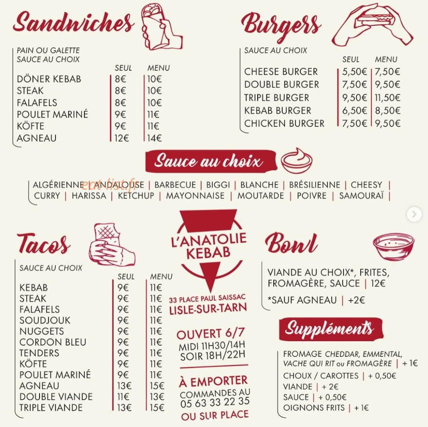 L'anatolie Kebab — carte page 1