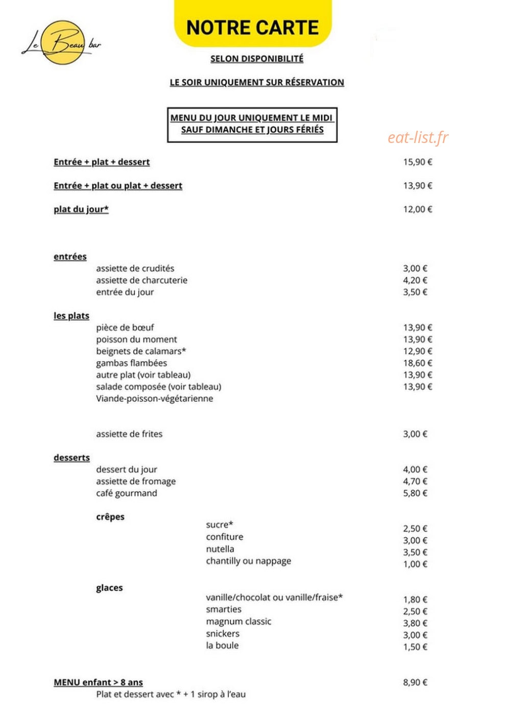 Le Beau Bar — carte page 1
