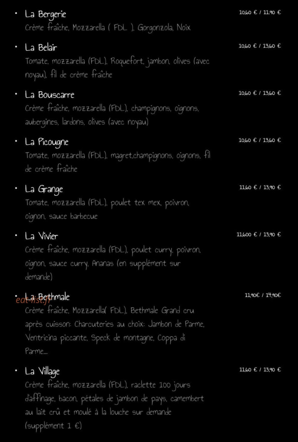 L'Art de la Pizza — carte page 3