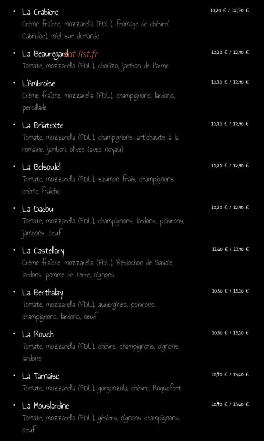 L'Art de la Pizza — carte page 2