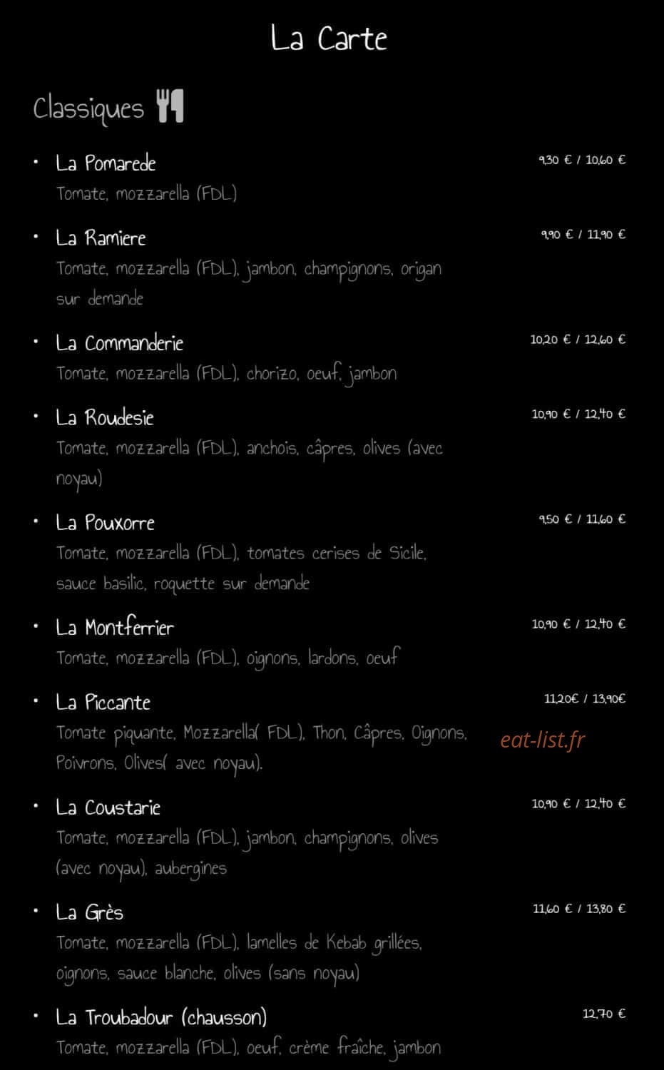 L'Art de la Pizza — carte page 1