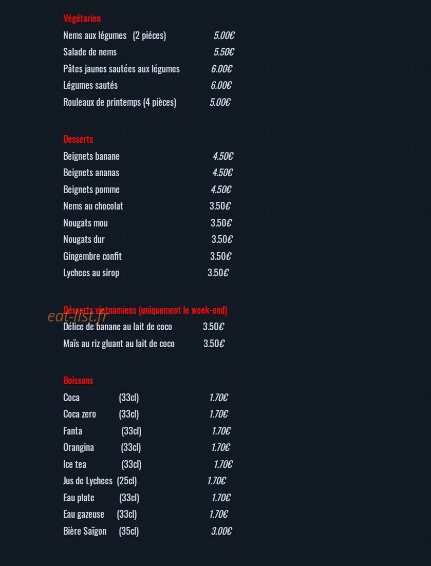 Carte et menu de La cuisine vietnamienne de Delphine à Lavaur — Végétarien, desserts et boissons