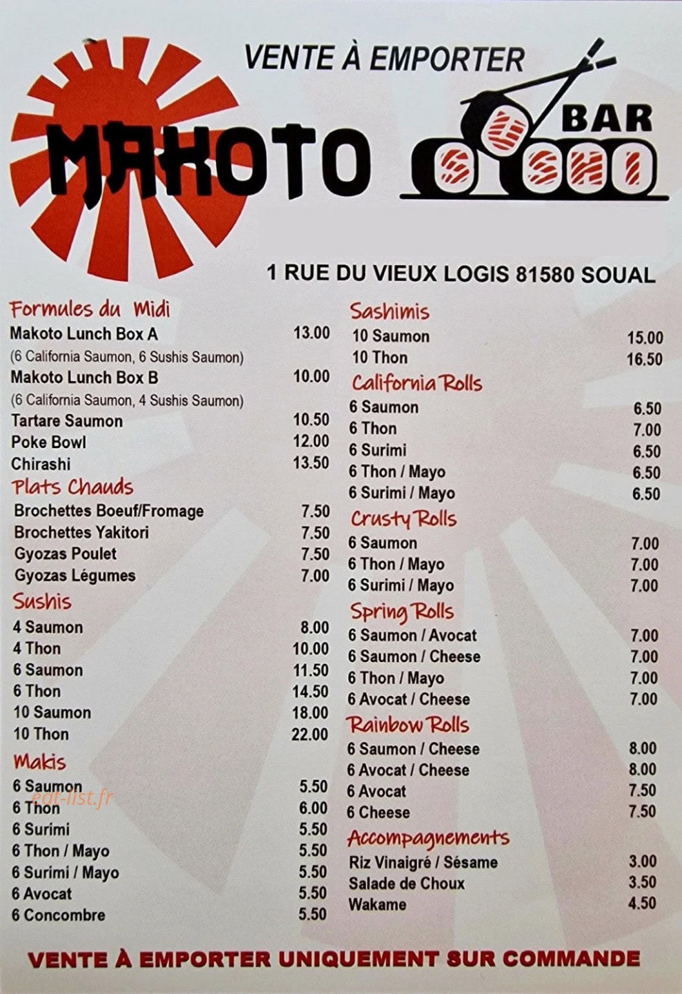 Carte et menu de Makoto Sushi & Asia food à Soual — Les formules, sushi...