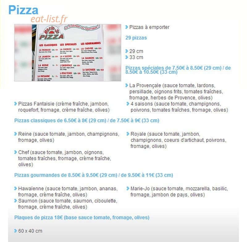 Marie-Jo Pizza — carte page 1