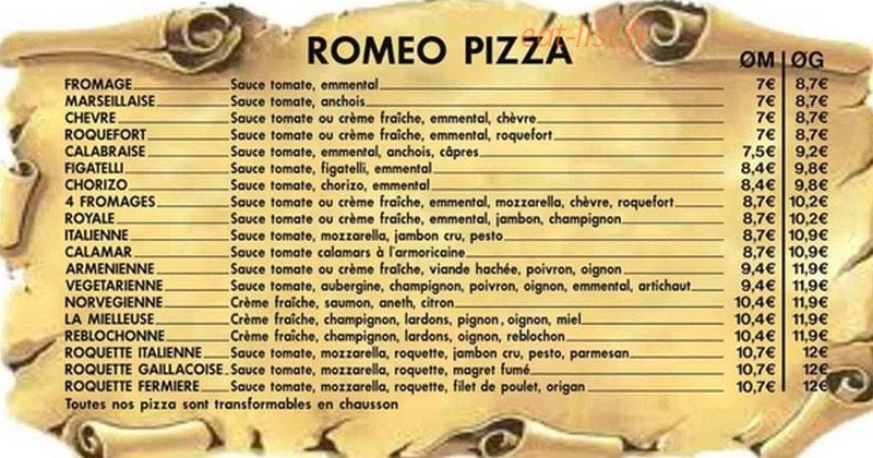 Romeo Pizza — carte page 1