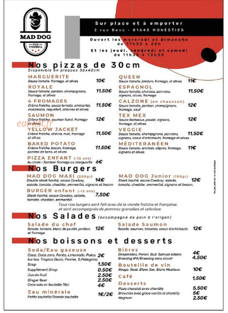 Mad Dog Pizzeria — carte page 1