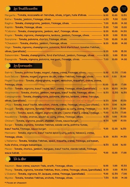 La J’pizz — carte page 1