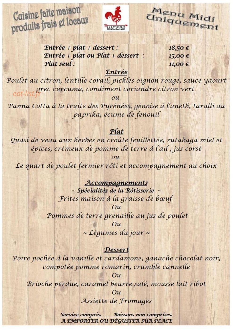 Carte et menu de La Rôtisserie Montalbanaise à Montauban — Les entrées , plats et desserts