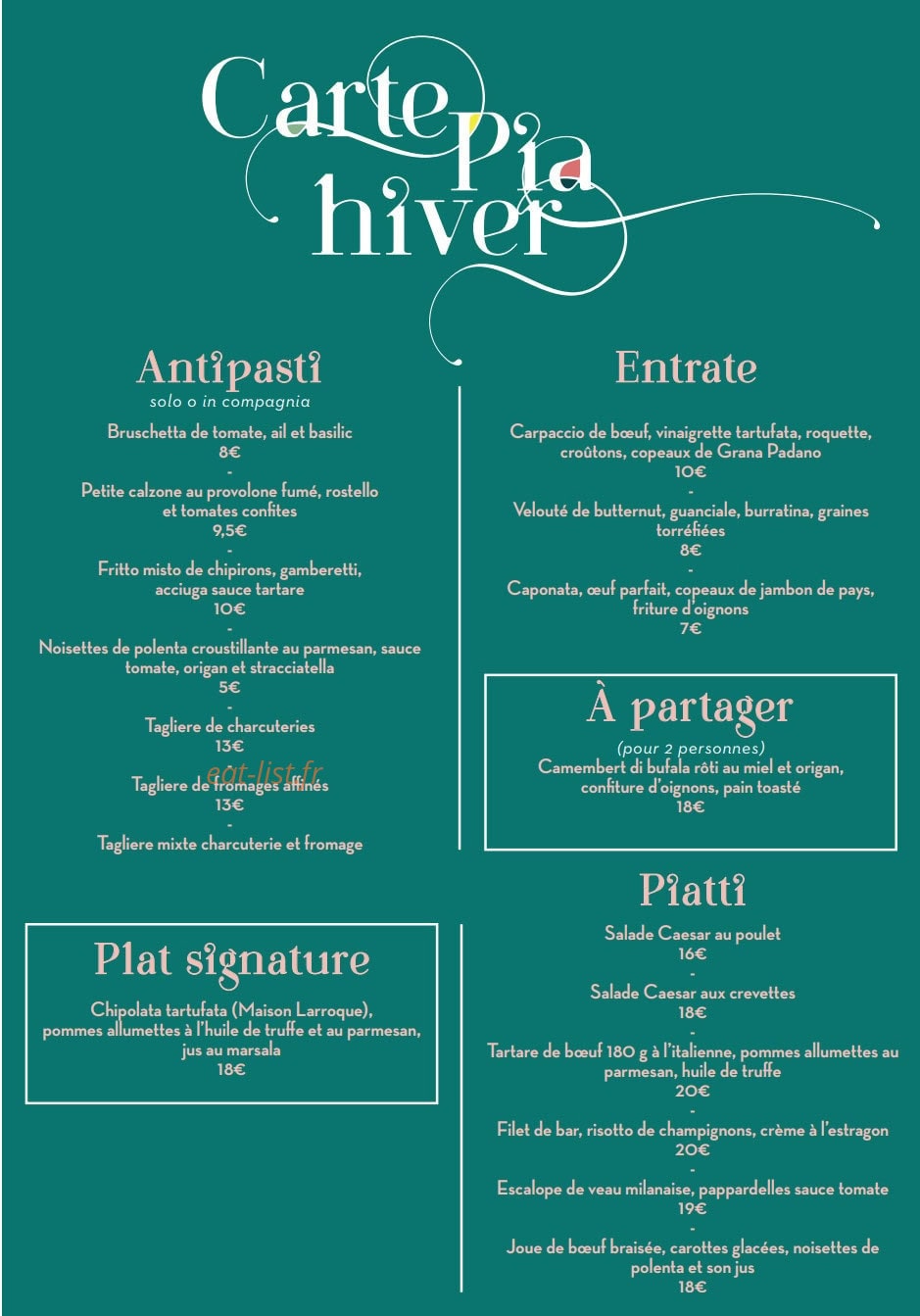 Pia Trattoria gourmande — carte page 1