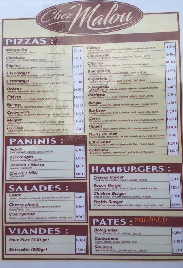 Chez Malou Pizza — carte page 1