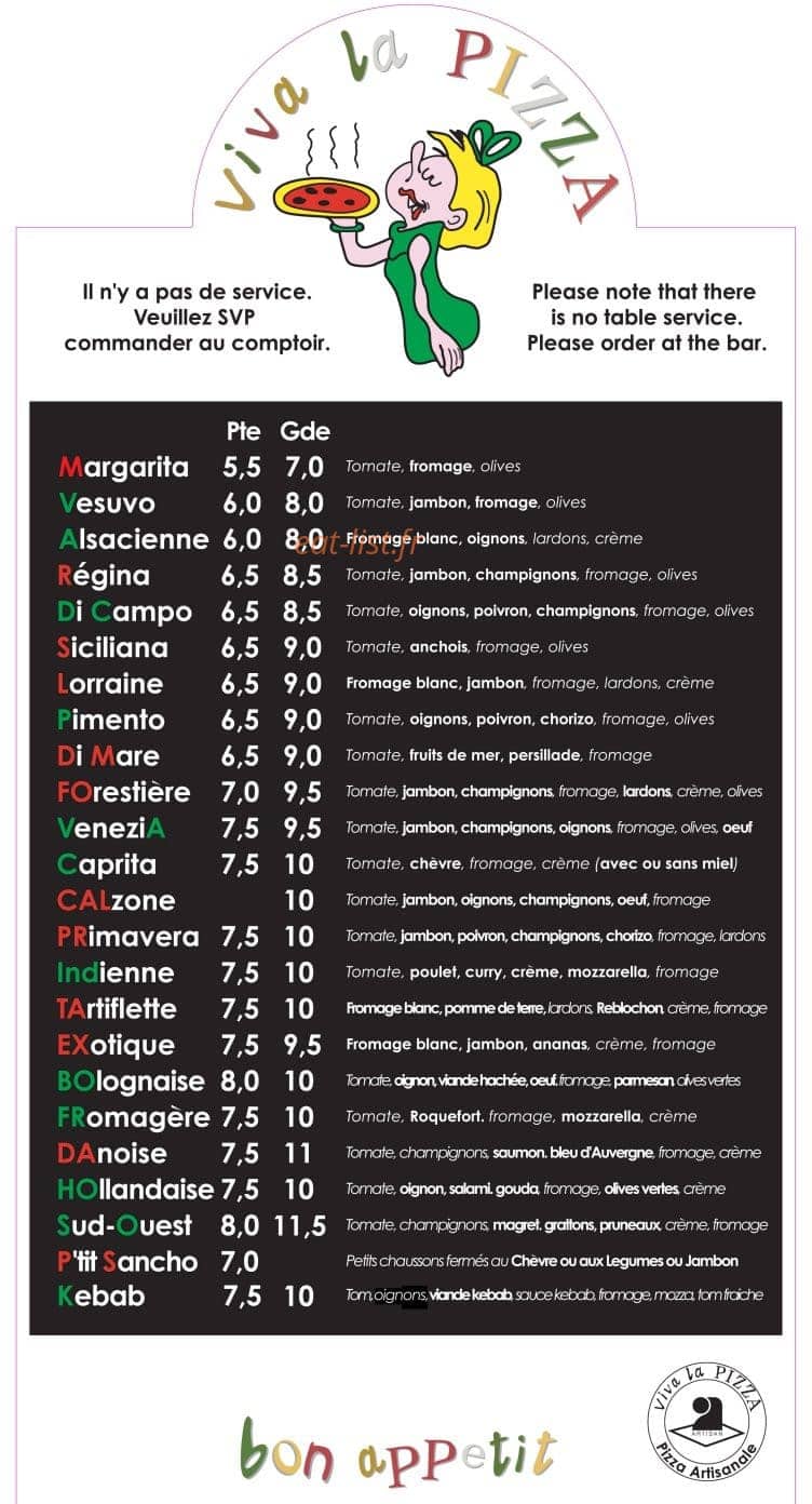 Viva la Pizza — carte page 1