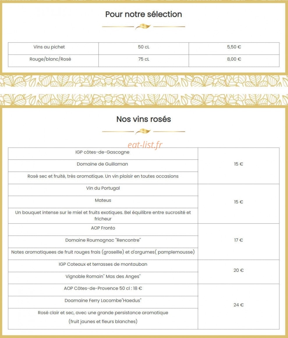 Carte et menu de Brasserie De Montbeton à Montbeton — Les vins rosés