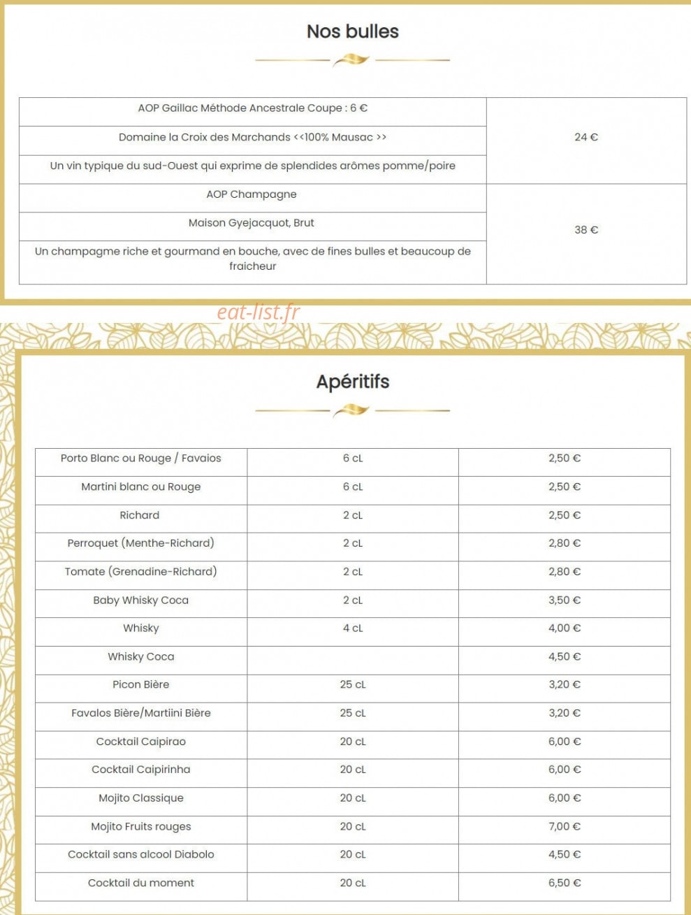 Carte et menu de Brasserie De Montbeton à Montbeton — Les bulles et apéritifs