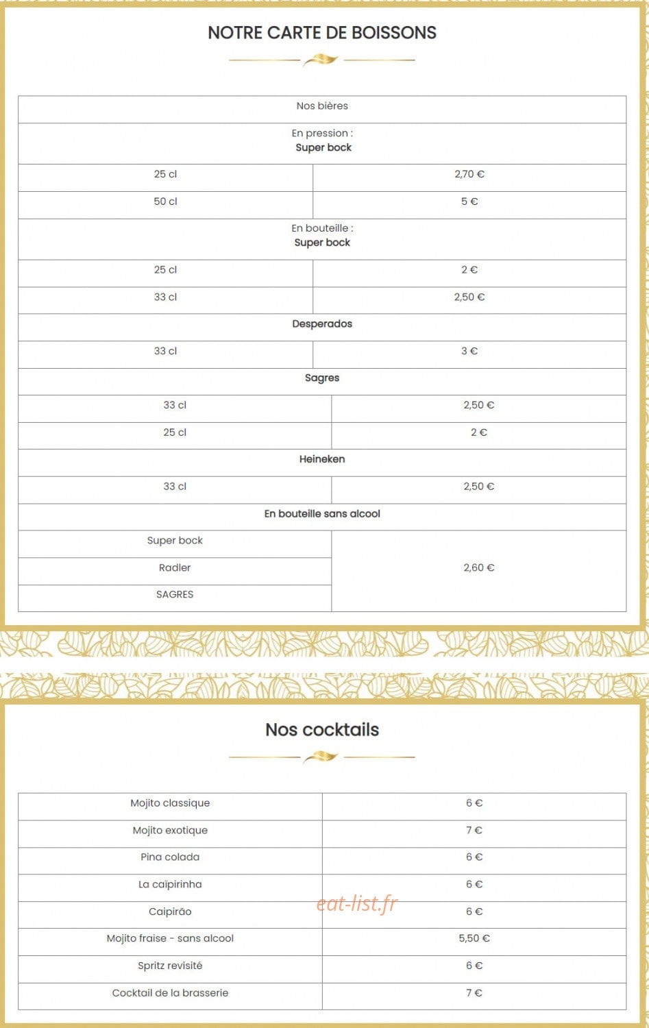 Carte et menu de Brasserie De Montbeton à Montbeton — La carte de boissons