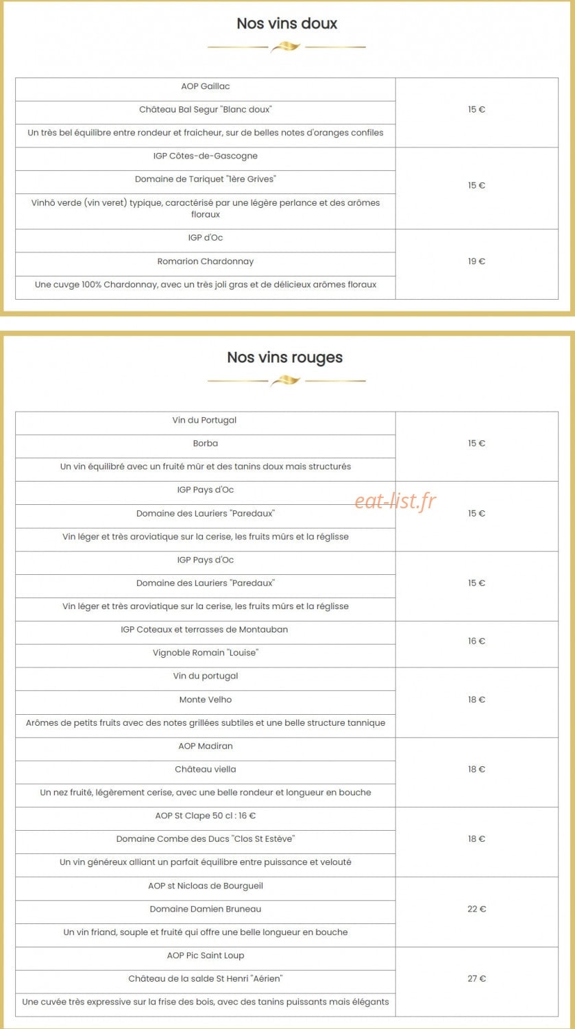 Carte et menu de Brasserie De Montbeton à Montbeton — Les vins doux et vins rouges