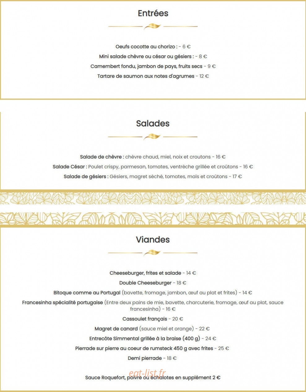 Carte et menu de Brasserie De Montbeton à Montbeton — Les entrées, salades et viandes