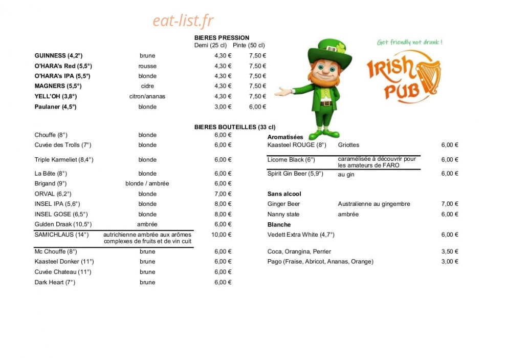 Irish Pub — carte page 1