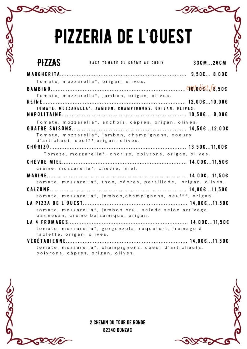 Pizzeria de l'Ouest — carte page 1