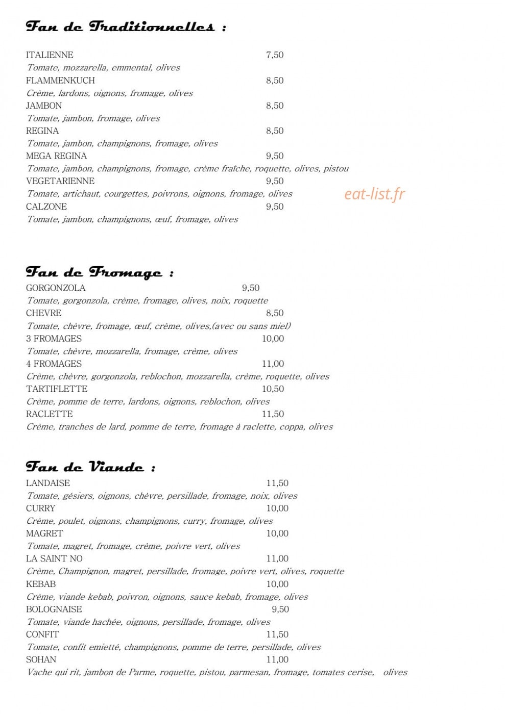 Fan 2 Pizza — carte page 1