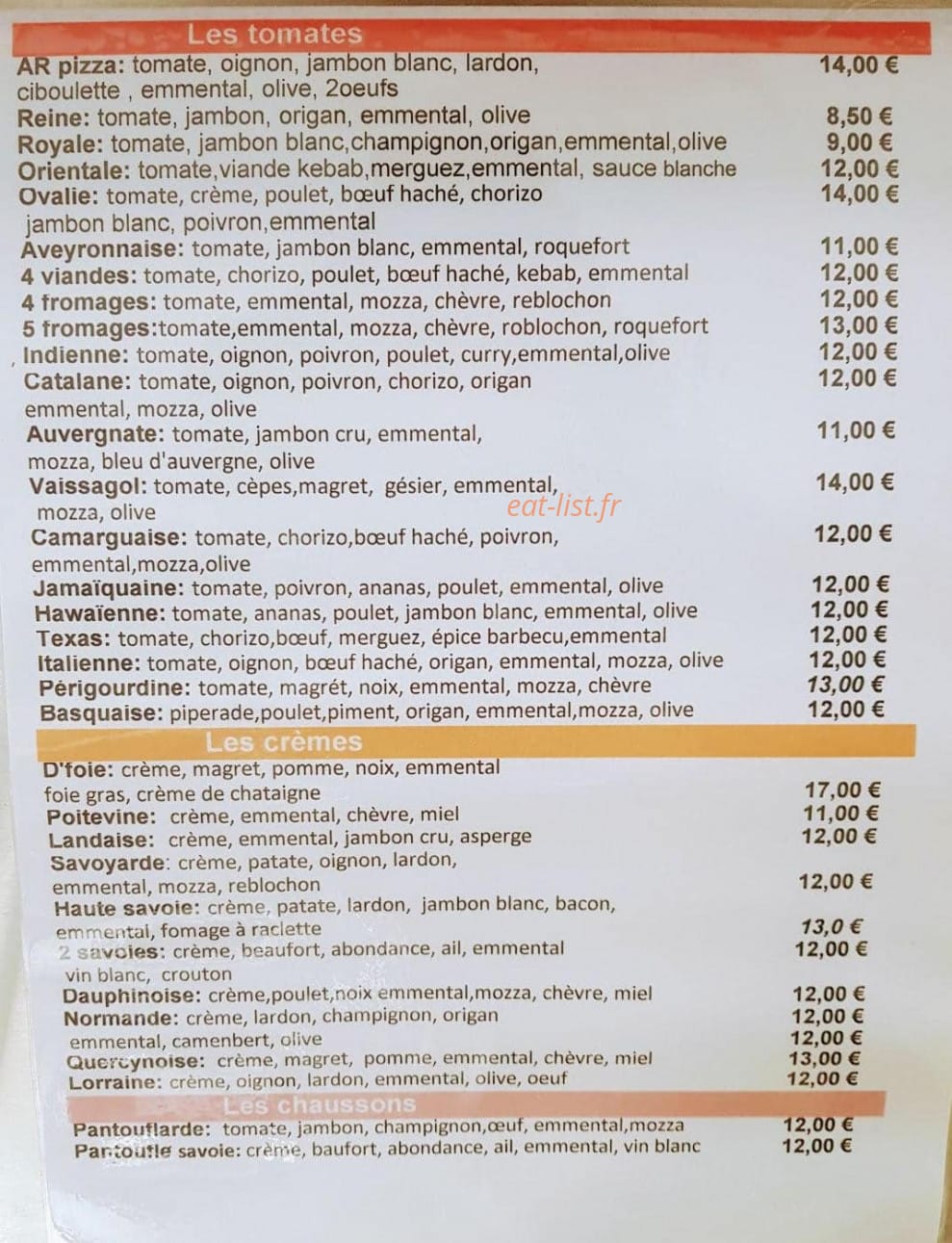 AR pizzas — carte page 1