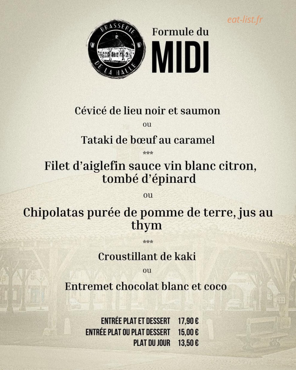 Carte et menu de Brasserie de la Halle à Beaumont de Lomagne — Le menu midi