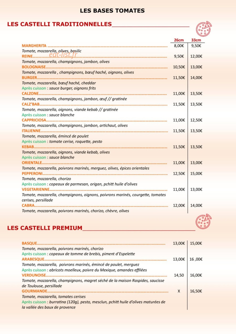 Castelli Pizza — carte page 1