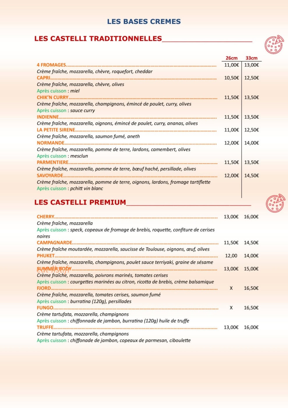 Castelli Pizza — carte page 2