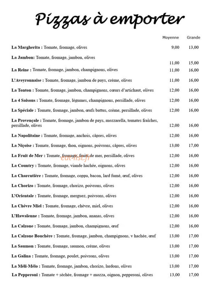 La Pizzeria — carte page 1