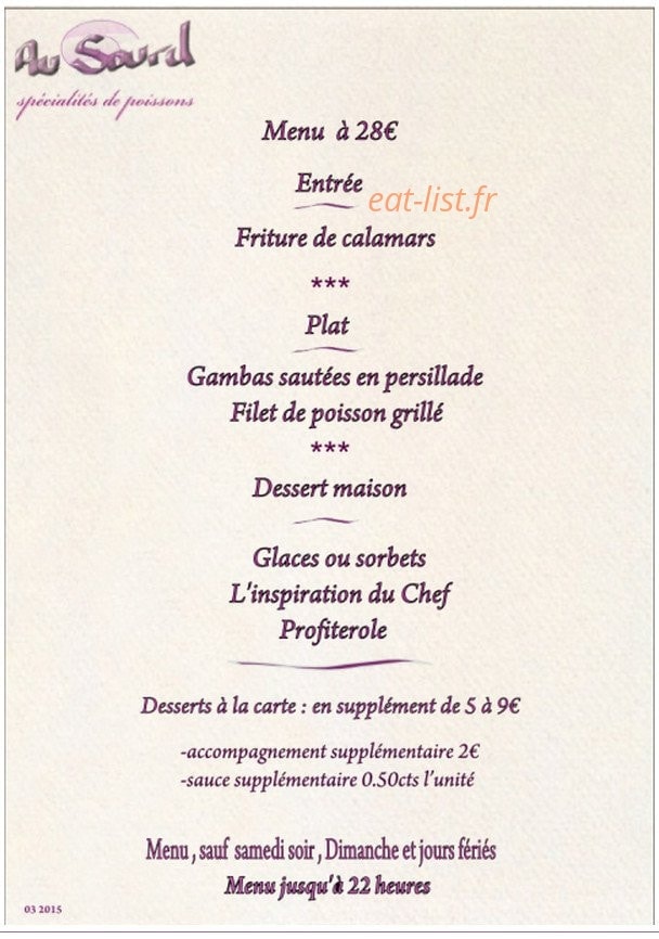 Carte et menu de Au Sourd à Toulon — Le menu à 28€