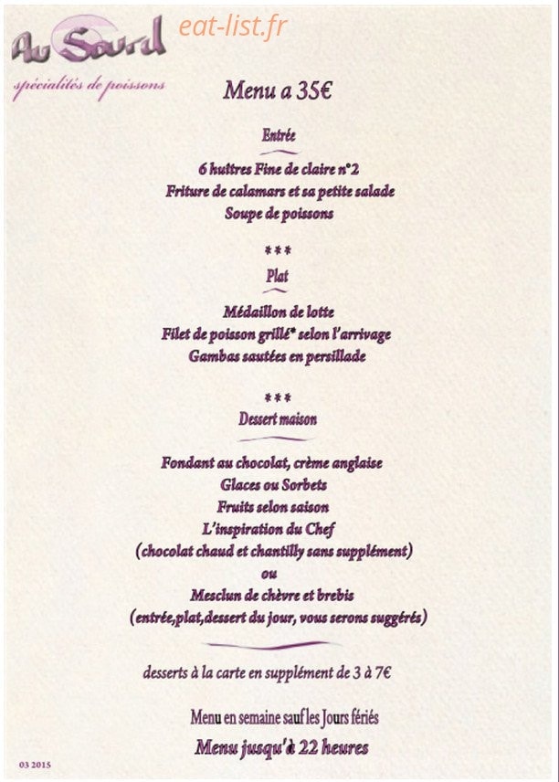 Carte et menu de Au Sourd à Toulon — Le menu à 35€