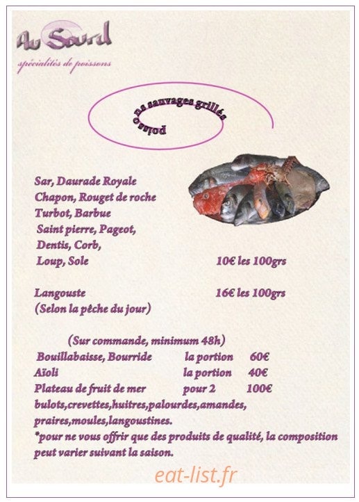 Carte et menu de Au Sourd à Toulon — Les poissons sauvages