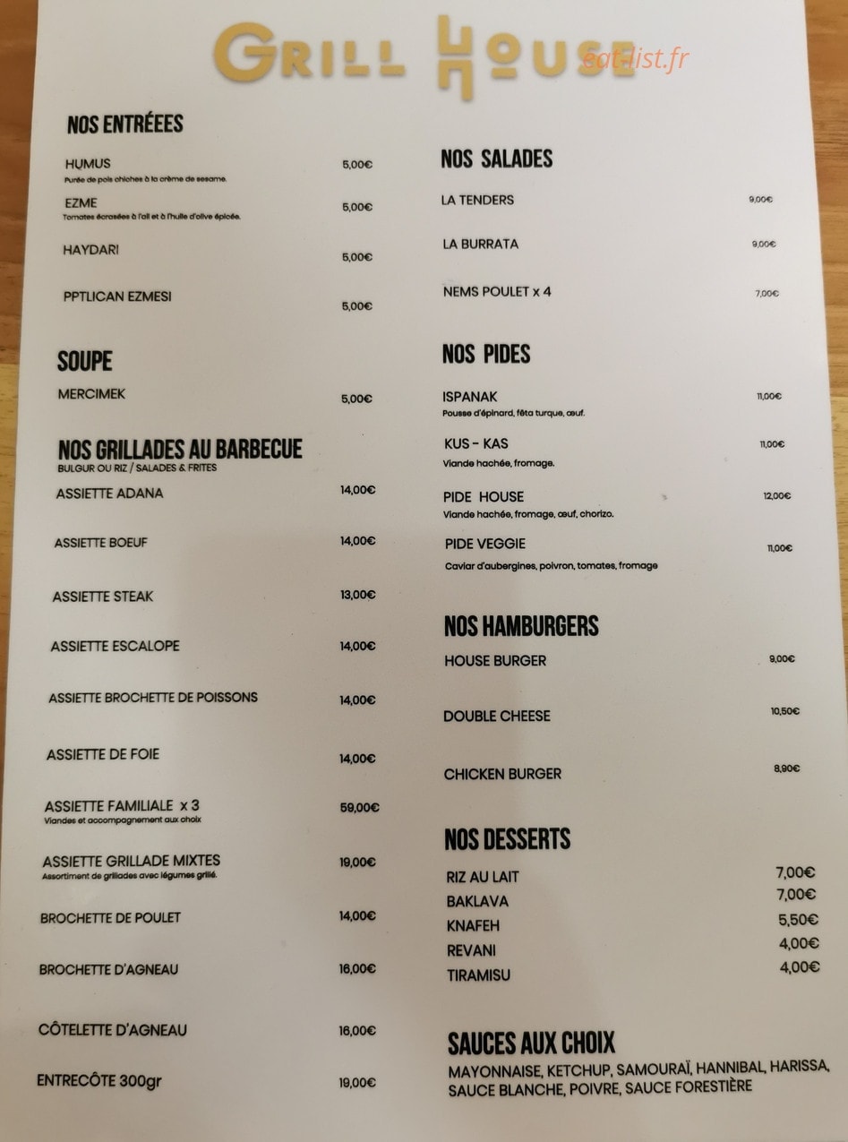 Grill House — carte page 1