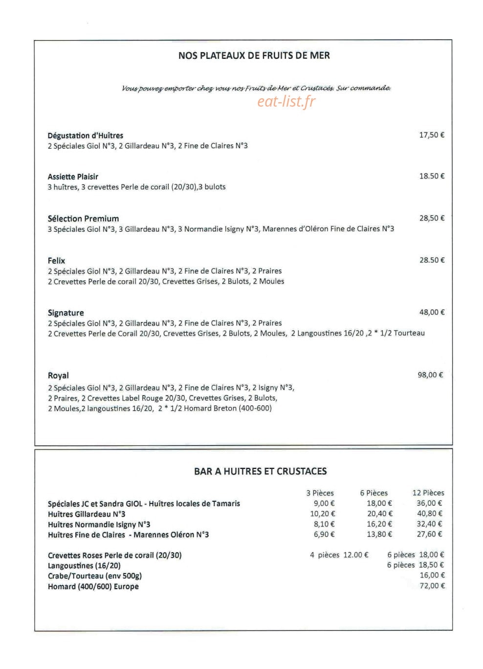 Carte et menu de La Brasserie Félix à Toulon — Les plateaux de fruits de mer