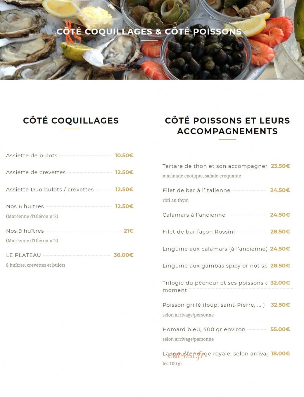 Carte et menu de Lido de Toulon à Toulon — Les coquillages, poissons et accompagnements